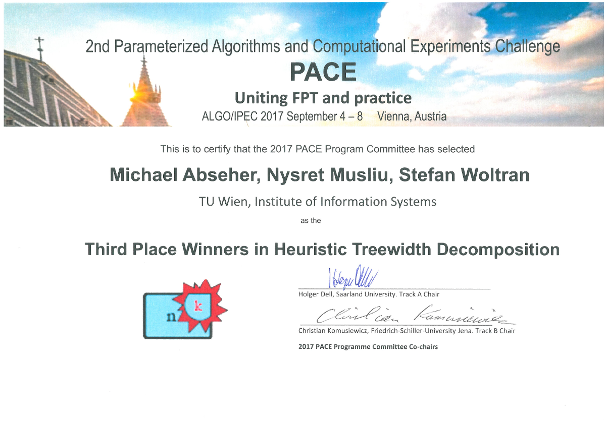PACE'17 (heuristic treewidth decomposition): 3rd place certiciate